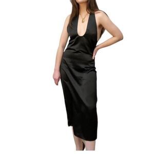 NWOT women’s JASON WU Black Satin Halter Plunging U Neckline Midi Dress SZ large